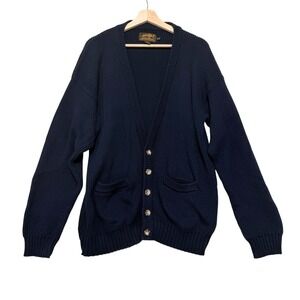 Vintage Eddie Bauer Grandpa Cardigan Sweater XL Navy Blue Cotton Knit *read